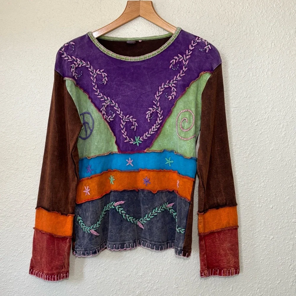 KPC Nepal Cotton embroidered patchwork peace long sleeved shirt. Women’s L - Picture 2 of 8